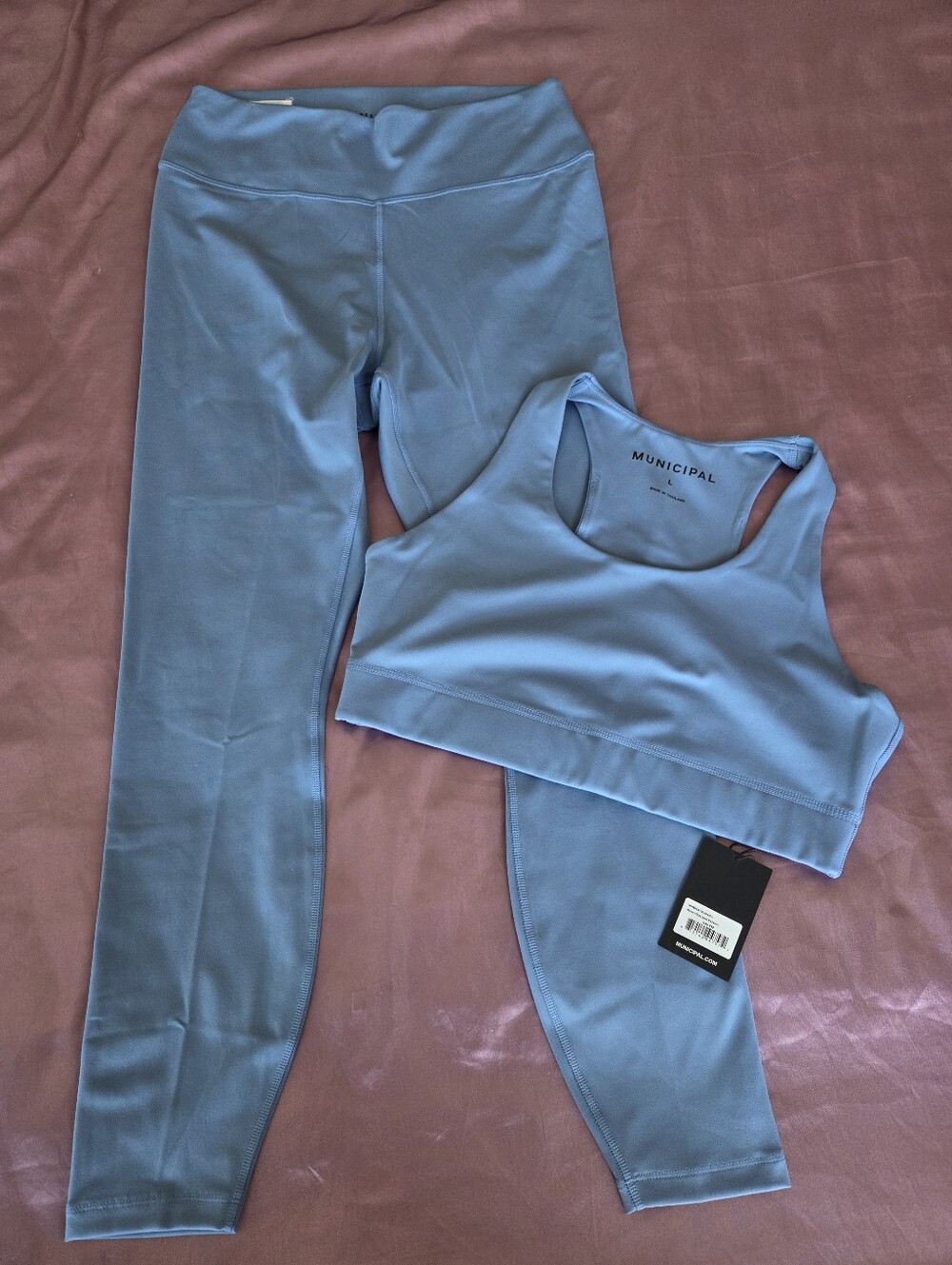 NWT Women's Municipal Light Blue  Matching Set Leggings & Sports Bra Size L